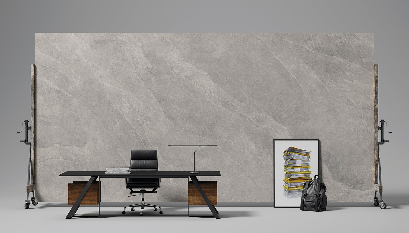 Level Stone Slate Grey porcelain field tile by Emil, naturale finish, 62 63/64"x125 63/64"x6.5-mm size. Premium Italian porcelain for floors and walls.