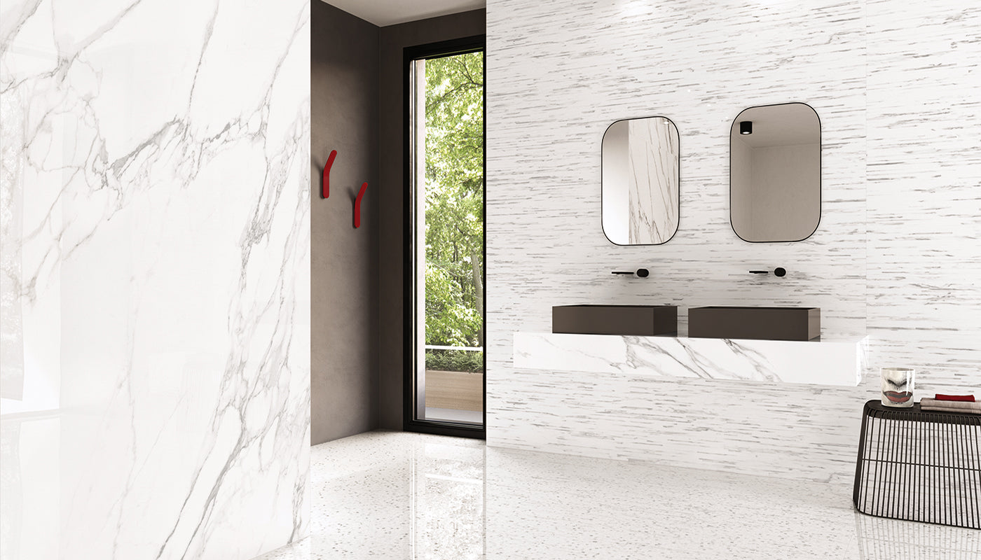 Tele Di Marmo STATUARIO MICHELANGELO porcelain mosaic tile by Emil, full lappato finish, 12"x12" size. Premium Italian porcelain for floors and walls.