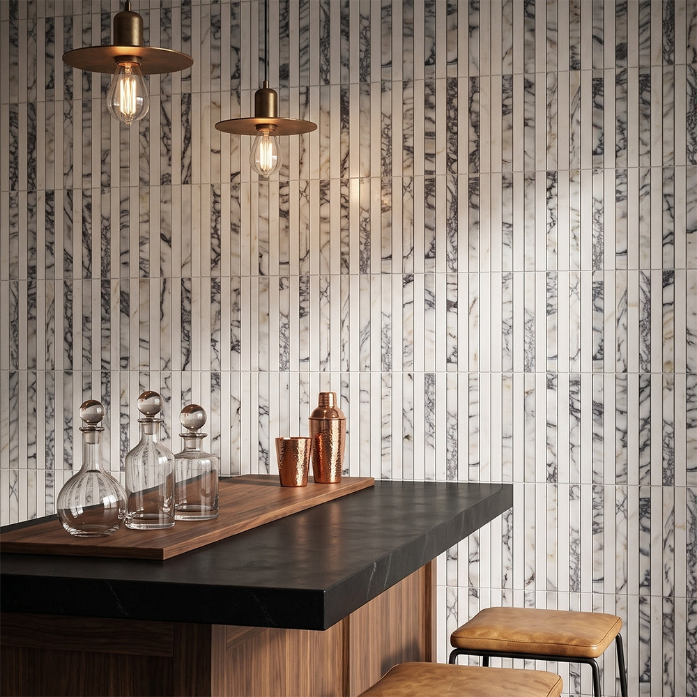 Calacatta Picasso Marble Calacatta Picasso, Calacatta marble mosaic, top-down product view, 12"×12"×3/8" size. Premium marble for floors and walls.