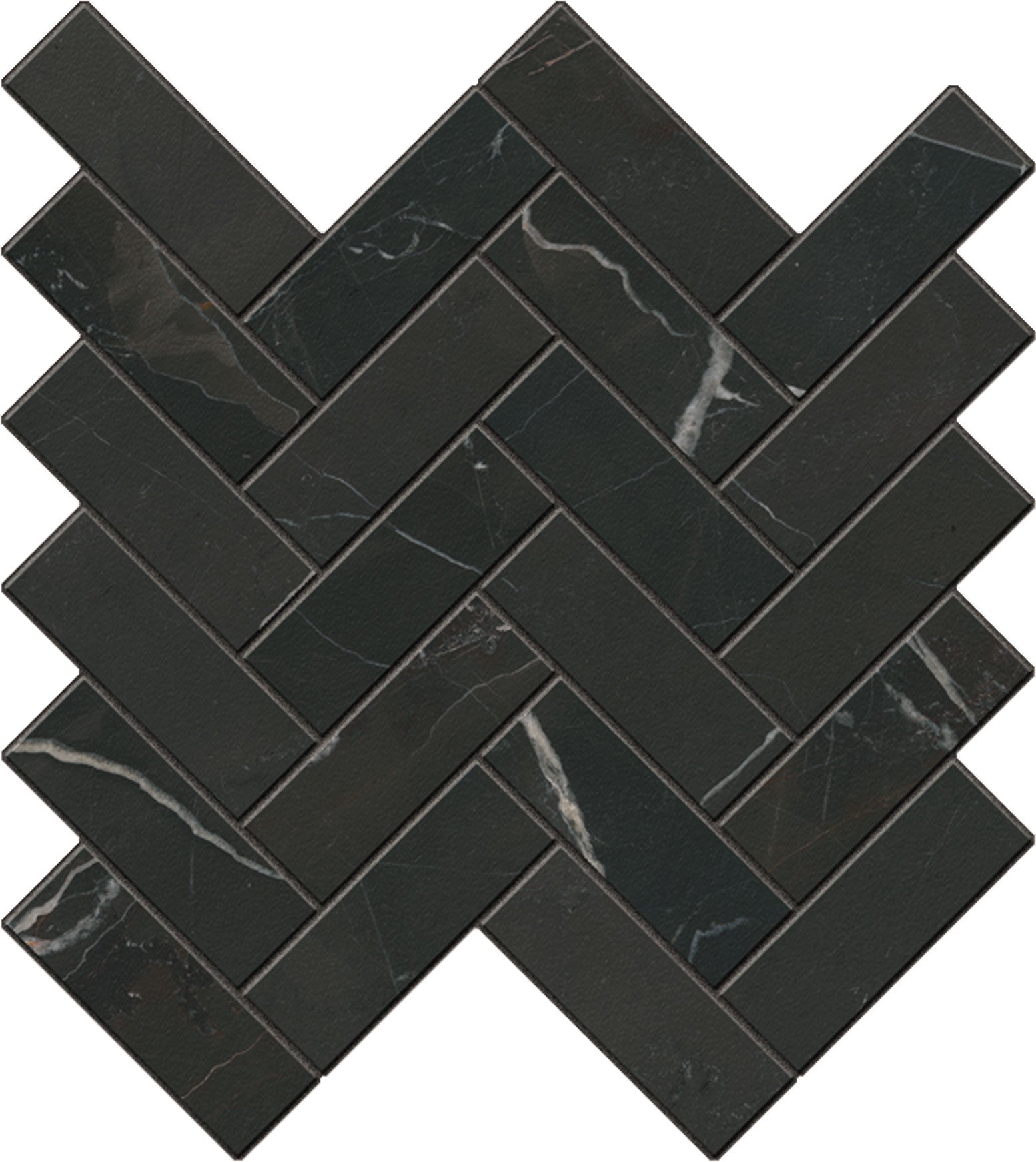 CHARME EVO Calacatta Black porcelain mosaic, top-down product view, 12"×12"×11/32" size. Premium porcelain for floors and walls.