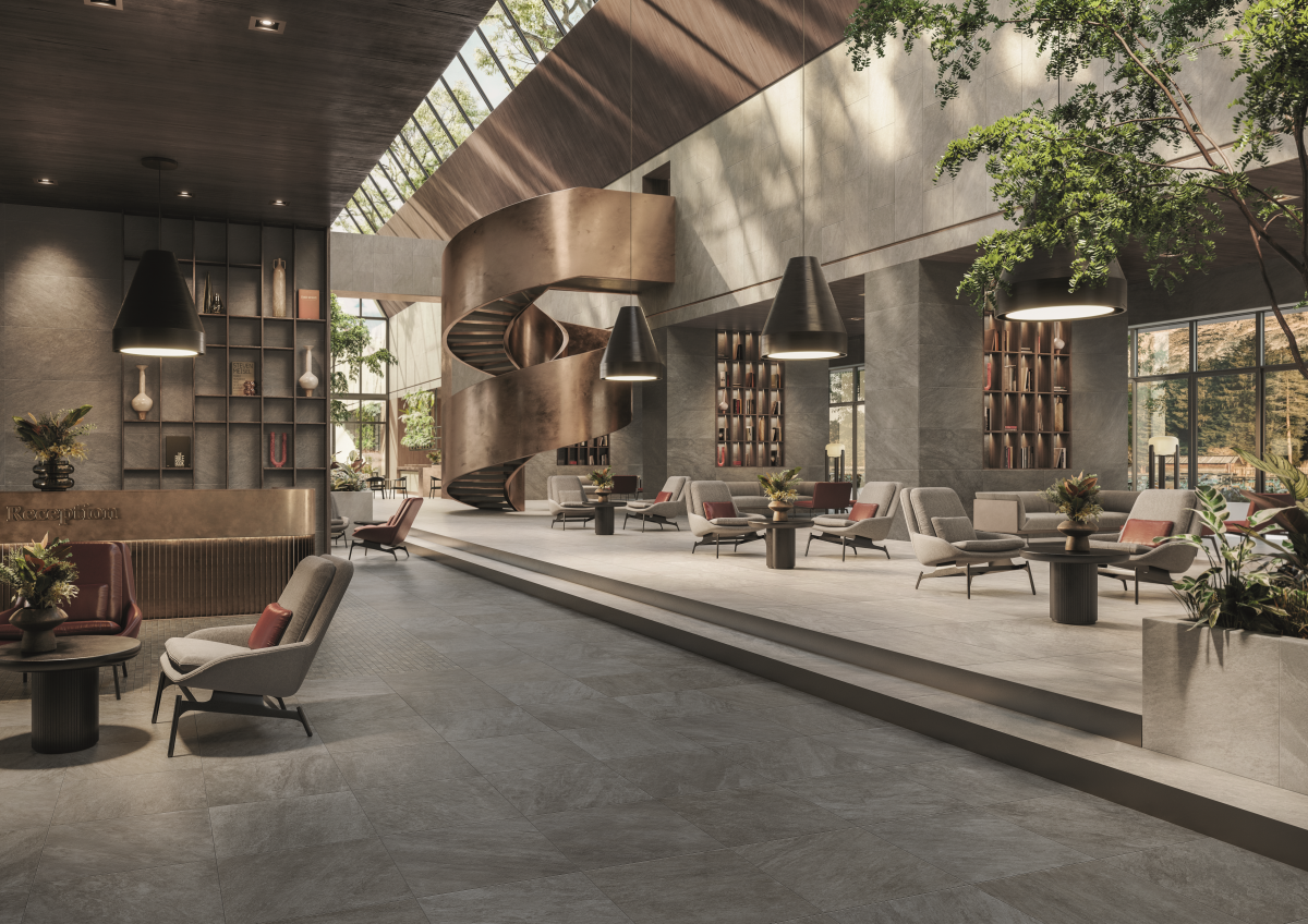 EXPLORE Arctic White porcelain pavers, lifestyle installation view 5, 12"×24"×11/32" size. Premium porcelain for floors and walls.