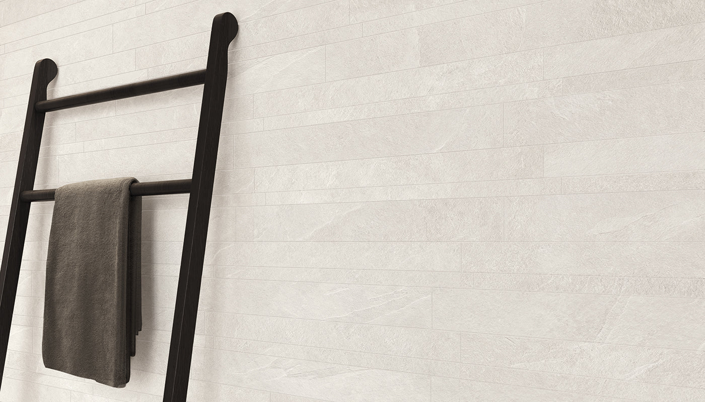 Cornerstone SLATE WHITE porcelain mosaic tile by Emil, naturale finish, 12"x24" size. Premium Italian porcelain for floors and walls.