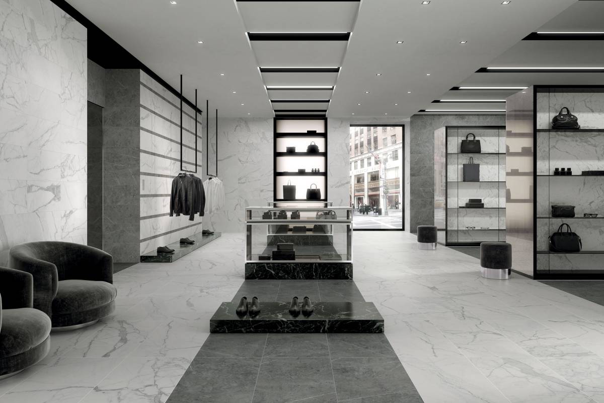 CHARME Calacatta Gold porcelain trim, lifestyle installation view 5, 3"×24"×11/32" size. Premium porcelain for floors and walls.