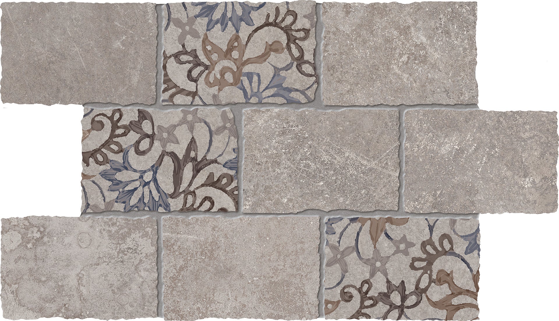 Heritage Grey porcelain mosaic tile by Emil, naturale finish, 11 13/16"x17 11/16"x9.5-mm size. Premium Italian porcelain for floors and walls.
