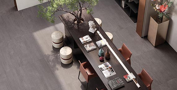 BROOKLYN Grey porcelain trim, lifestyle installation view 2, 3"×24"×5/16" size. Premium porcelain for floors and walls.