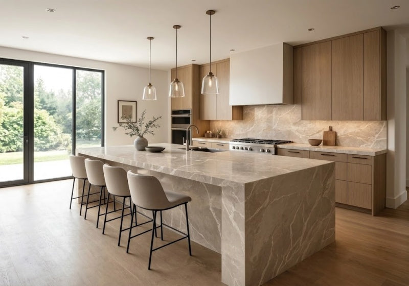 Quartzite Slabs Taj Mahal Supreme quartzite slabs, top-down product view. Premium quartzite for floors and walls.