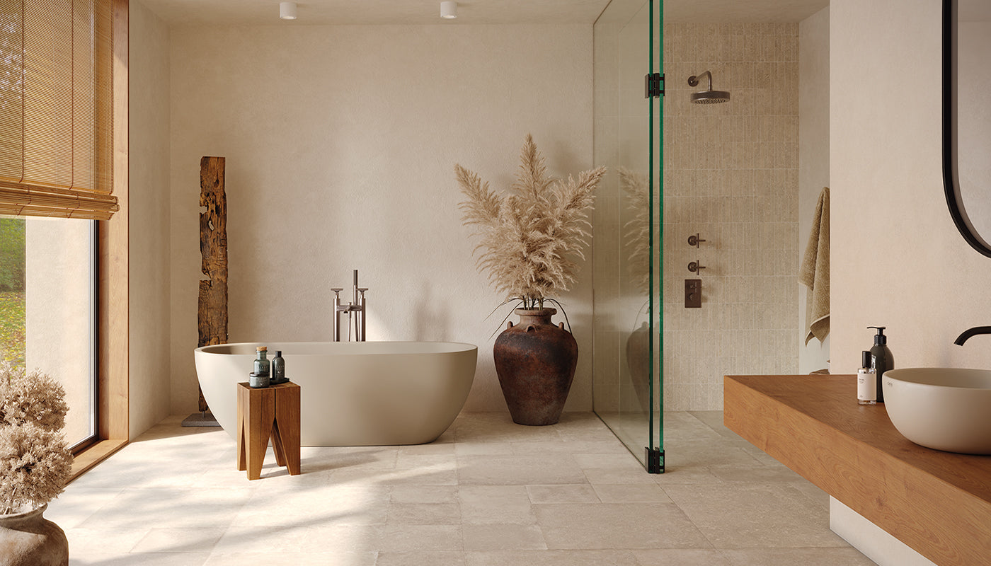 Ever-Stone SAND porcelain mosaic tile by Emil, naturale finish, 8"x12" size. Premium Italian porcelain for floors and walls.