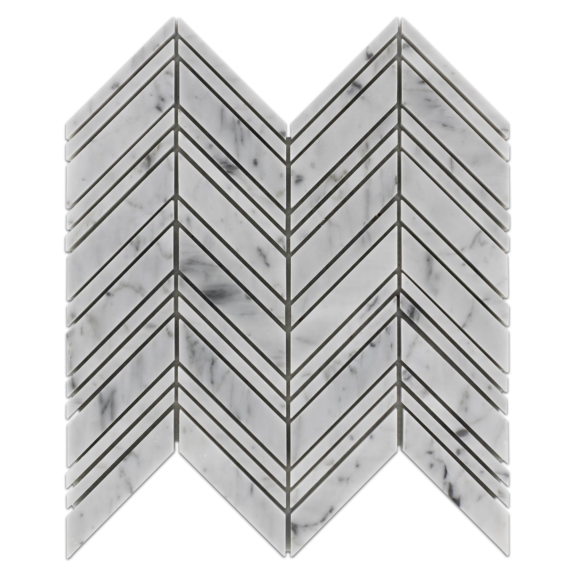 Elon Bianco Carrara marble chevron mosaic tile, 11x11 polished finish, for elegant wall & flooring designs.