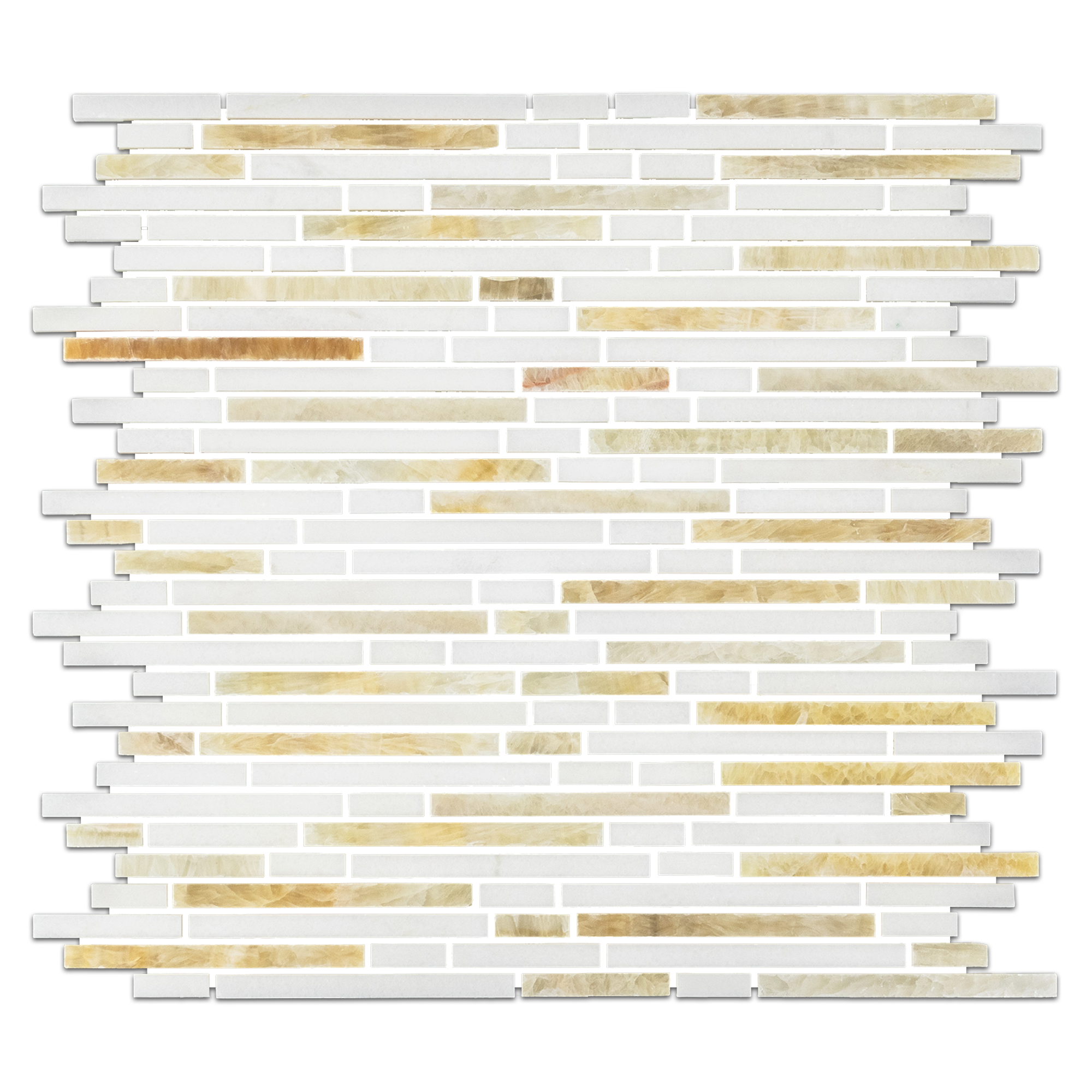 Elon Honey Onyx White Thassos Onyx Stone Blend Random Strip Field Mosaic 11.75x12x0.375 Polished - Surface Group International Product