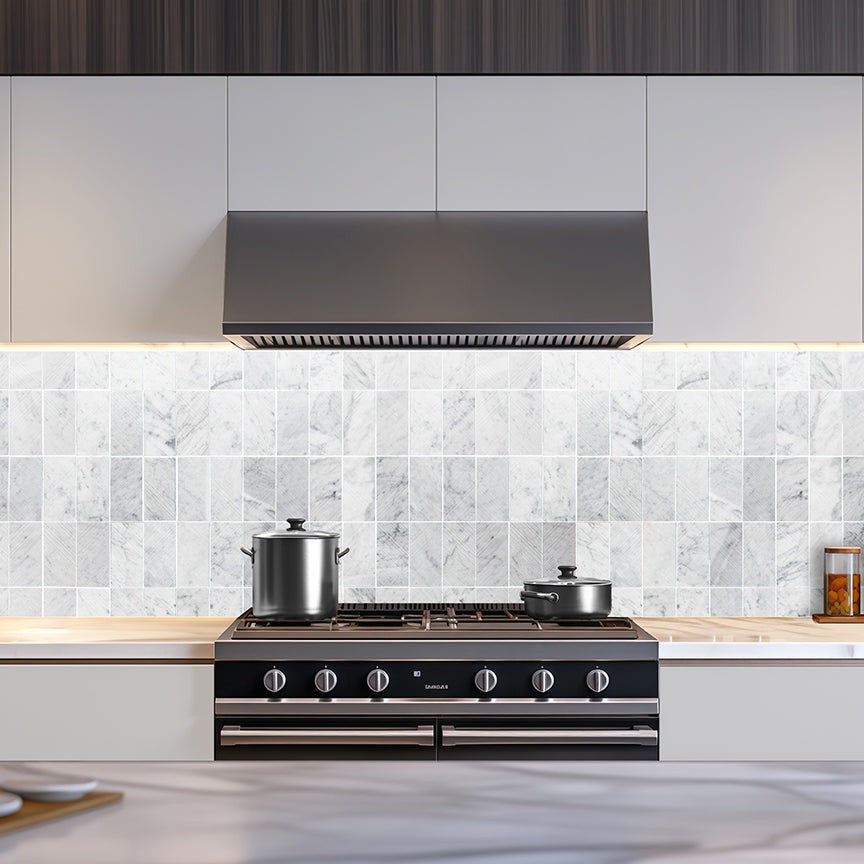 Elon Tile Bianco Carrara Mosaic tile in a room setting — available at Surface Group