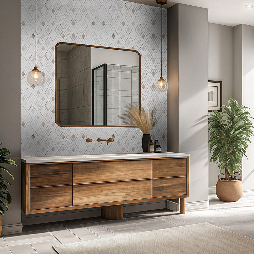 Elon Tile Bianco Oro Mosaic tile in a room setting — available at Surface Group