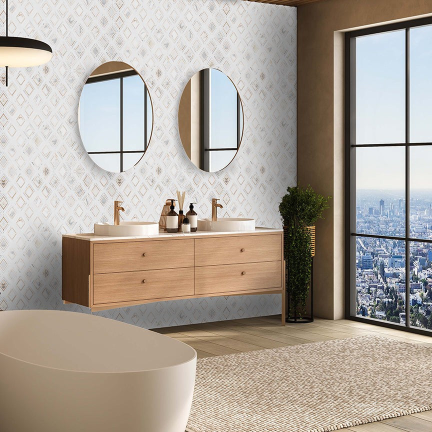 Elon Tile Calacatta Gold Mosaic tile in a room setting — available at Surface Group