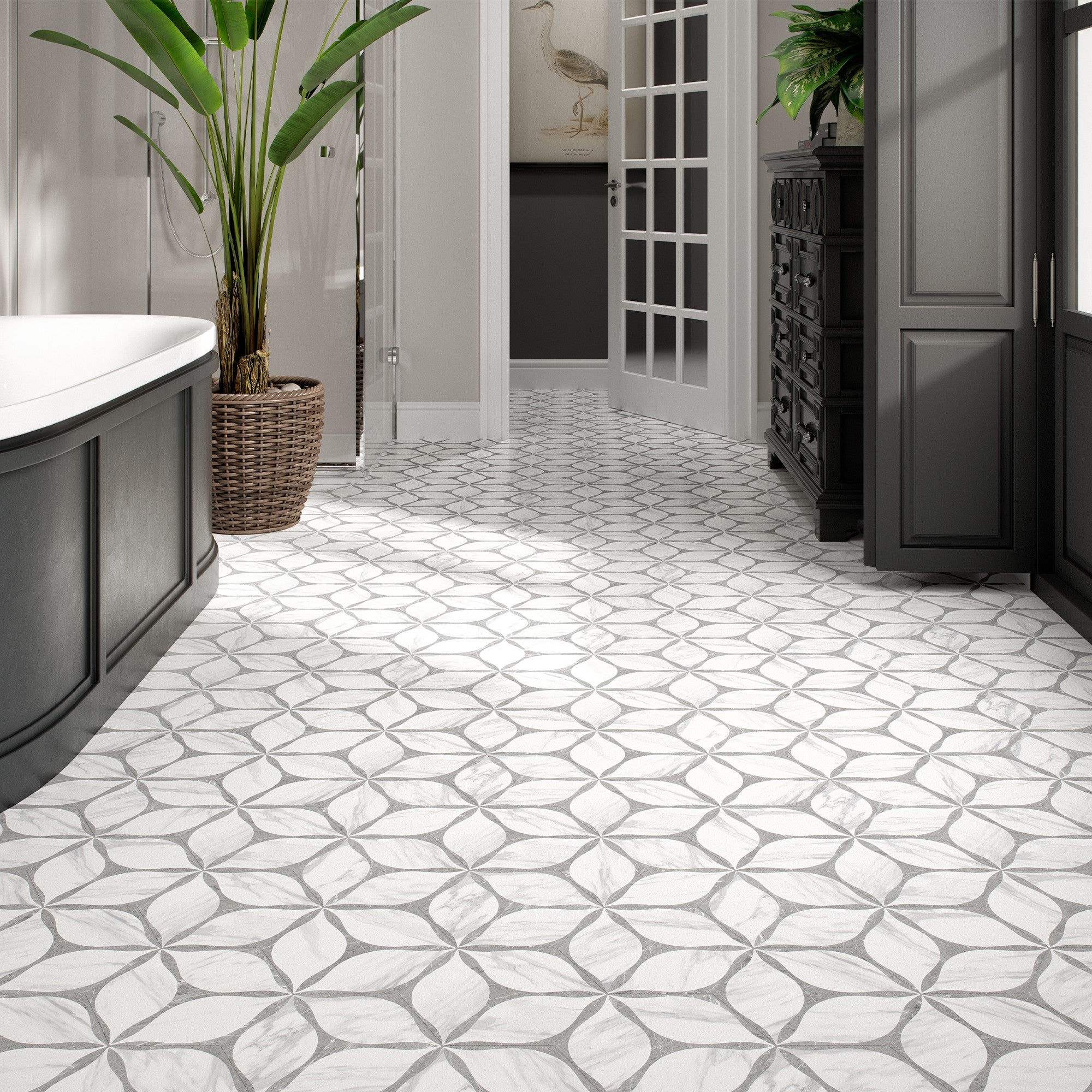 Elon Tile Hexagon Porcelain tile in a room setting — available at Surface Group