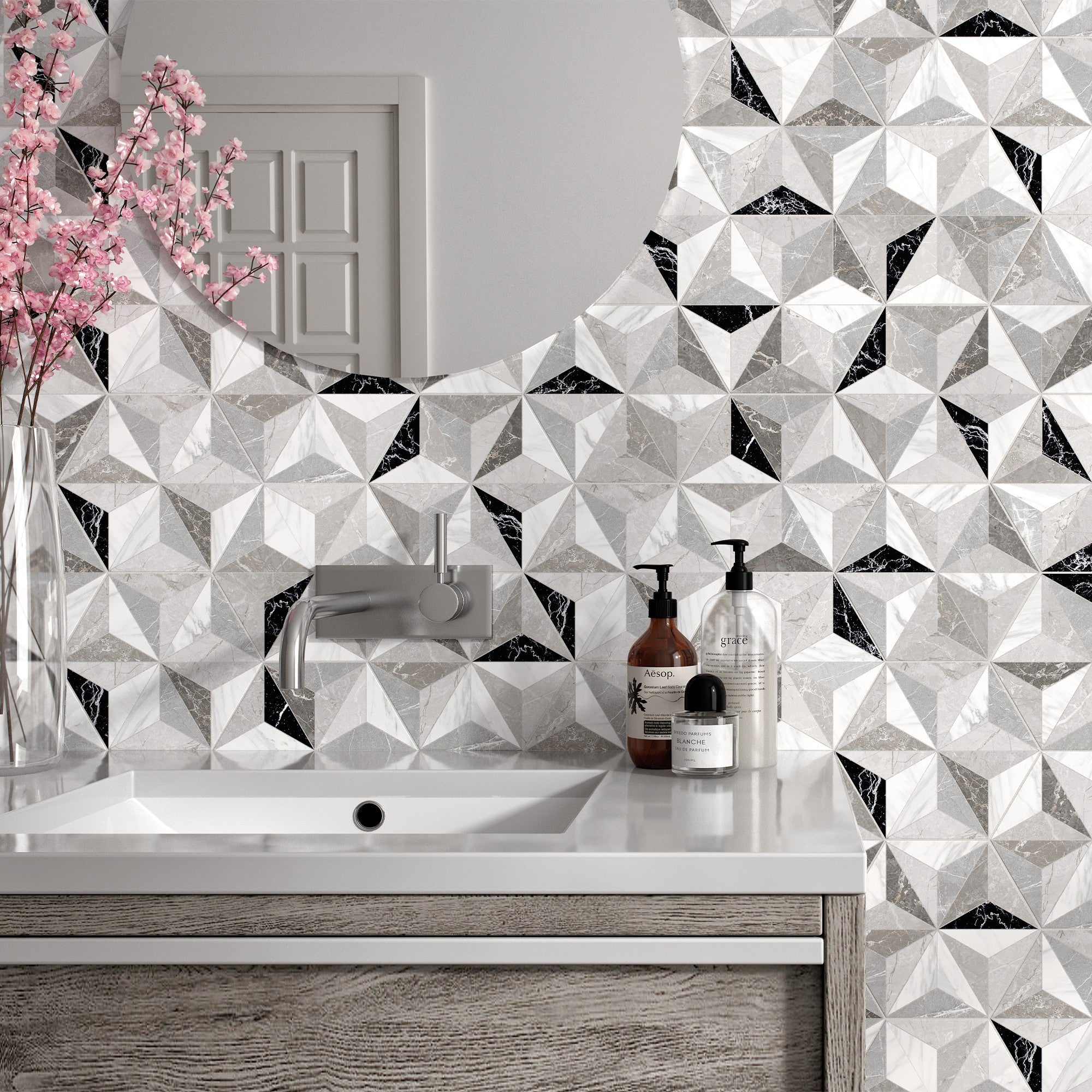 Elon Tile Hexagon Porcelain tile in a room setting — available at Surface Group