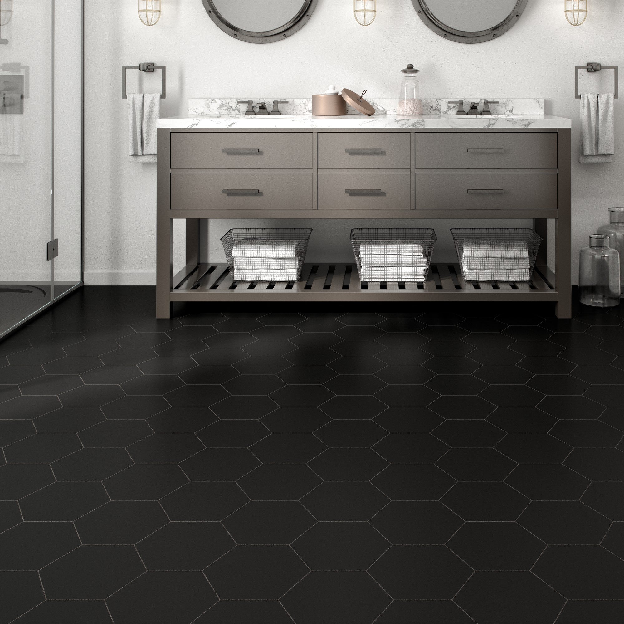 Elon Tile Hexagon Porcelain tile in a room setting — available at Surface Group