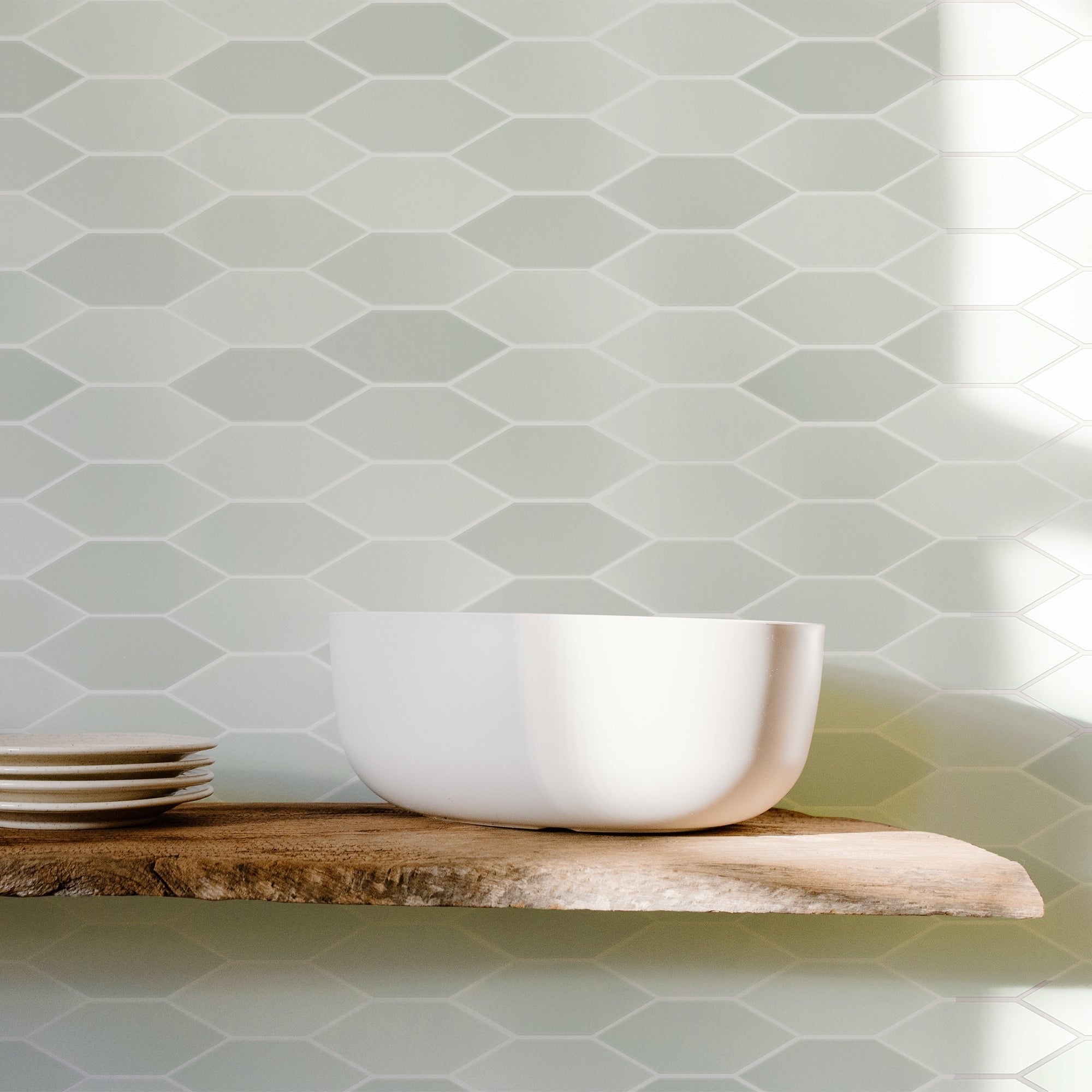 Elon Tile Lagos Mint tile in a room setting — available at Surface Group