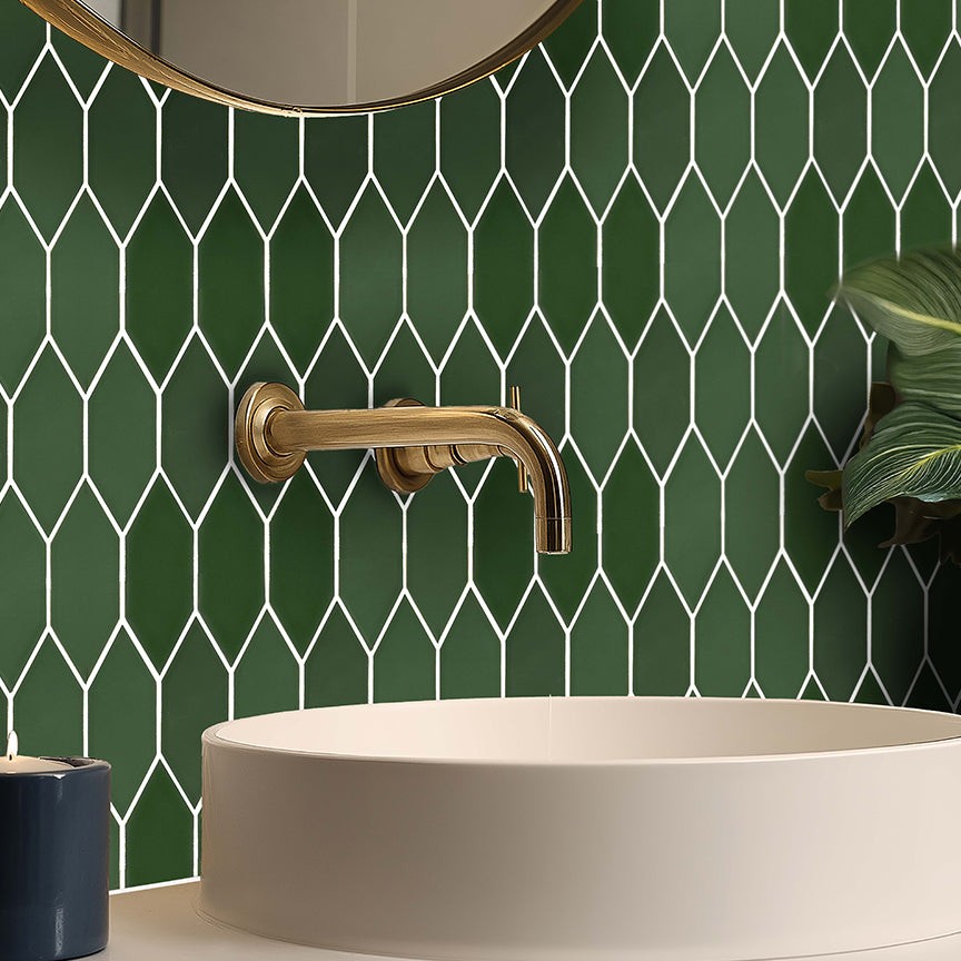 Elon Tile Lagos Verde tile in a room setting — available at Surface Group