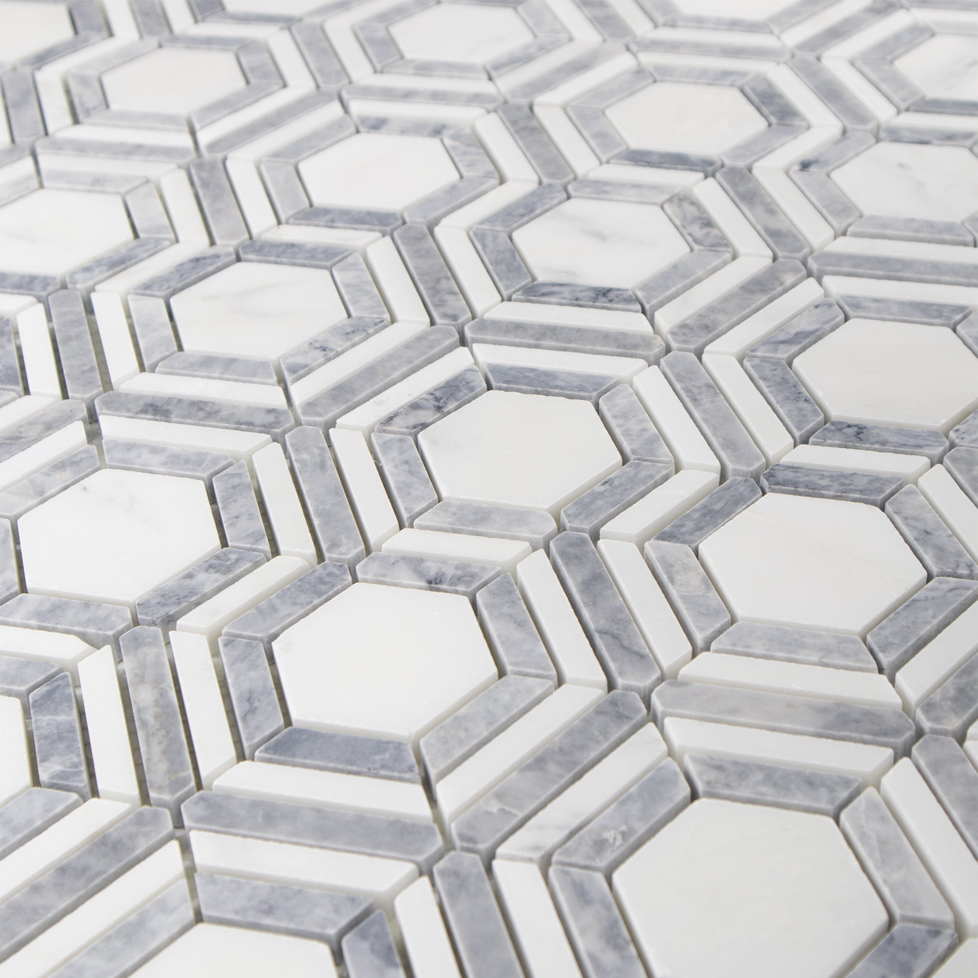 Elon Tile Pearl White Mosaic tile arrangement — available at Surface Group
