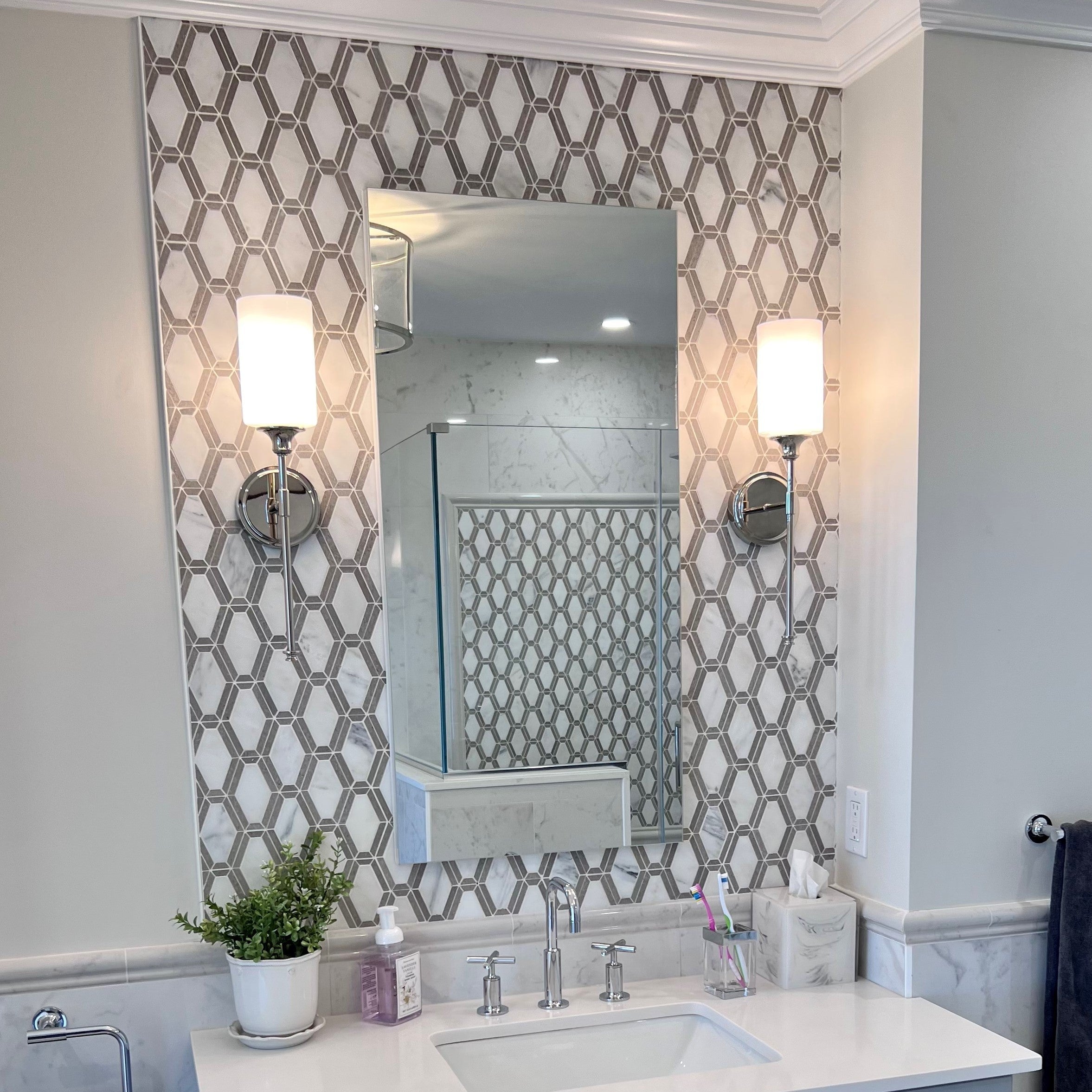 Elon Tile Pearl White Mosaic tile in a room setting — available at Surface Group