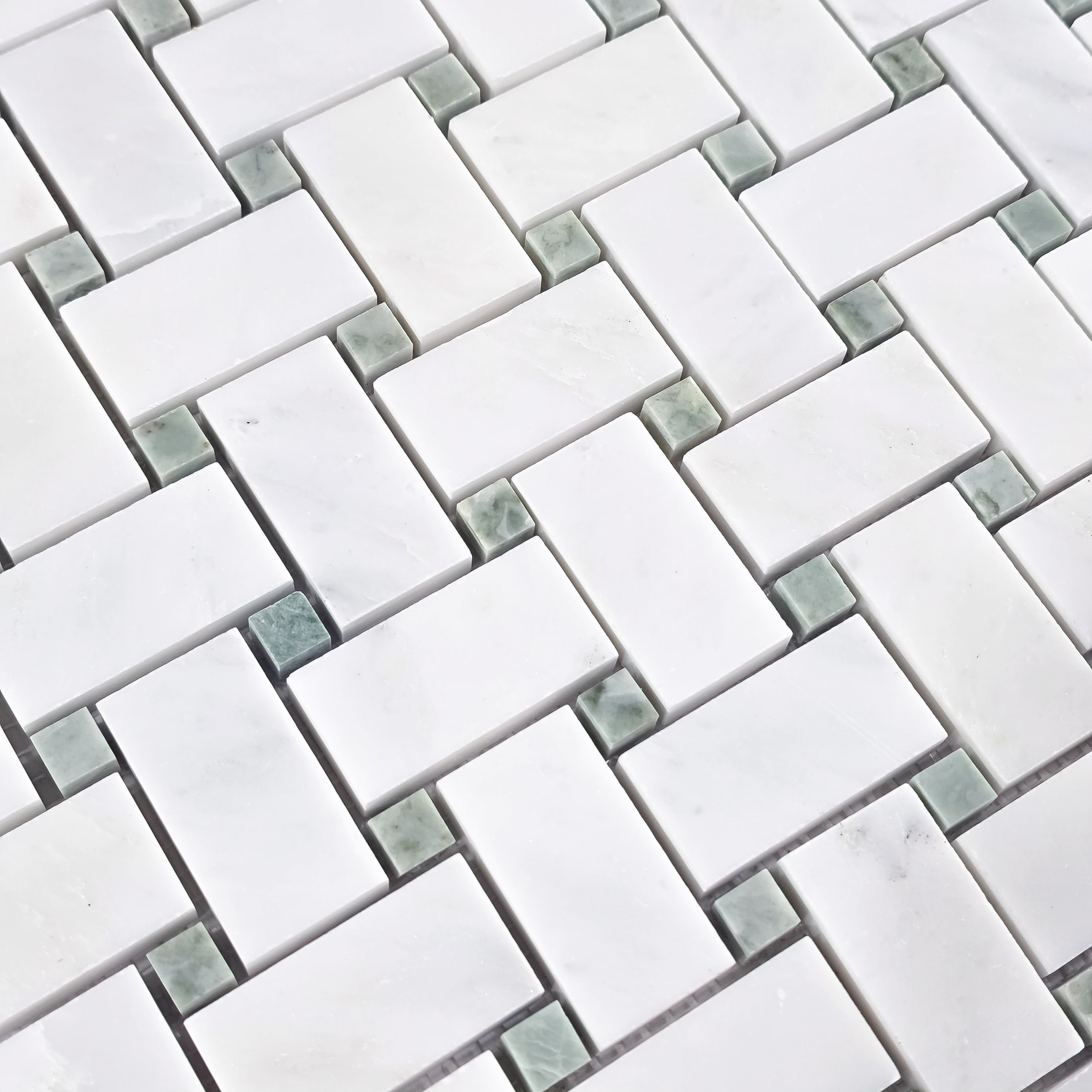 Elon Tile Pearl White Mosaic tile arrangement — available at Surface Group