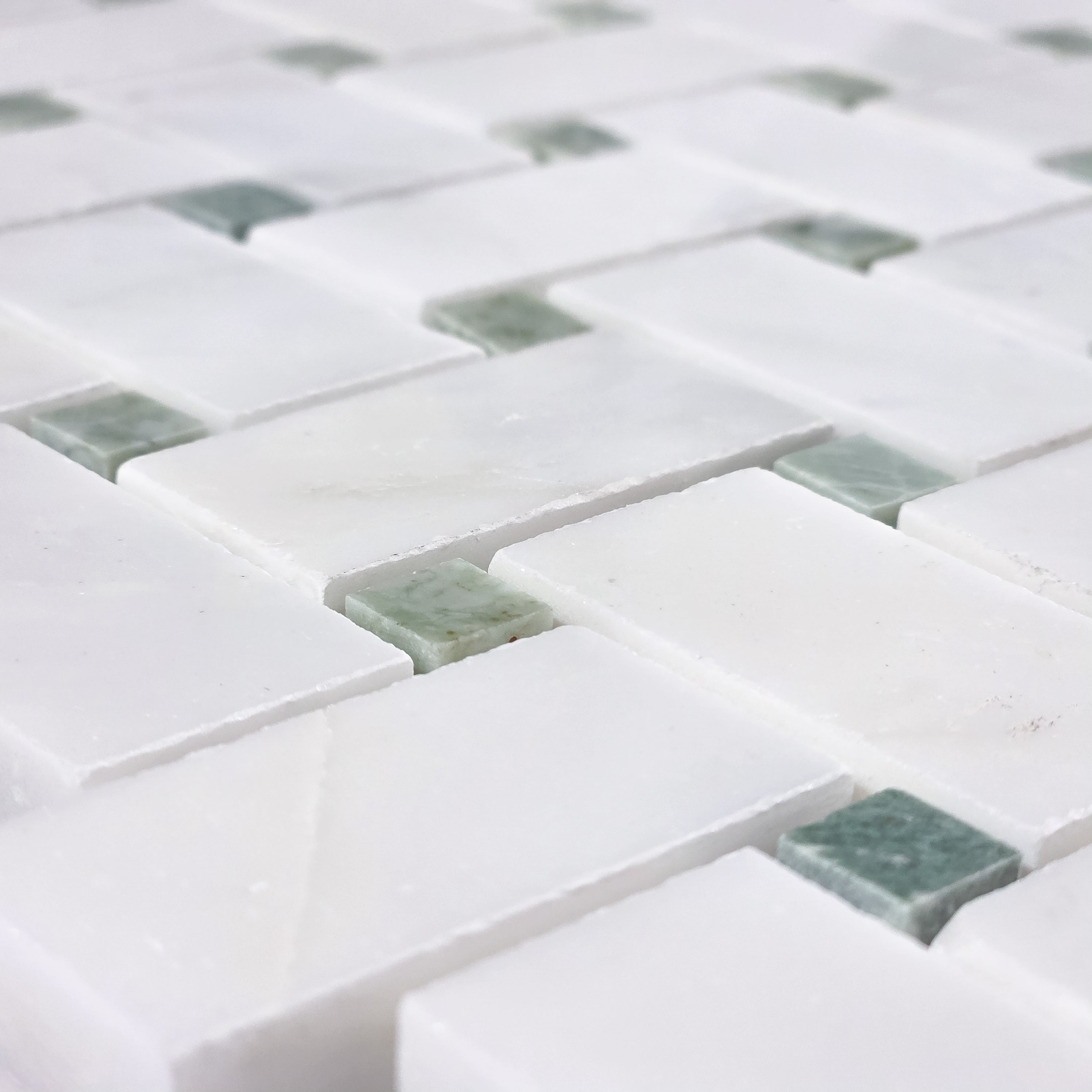 Elon Tile Pearl White Mosaic tile arrangement — available at Surface Group