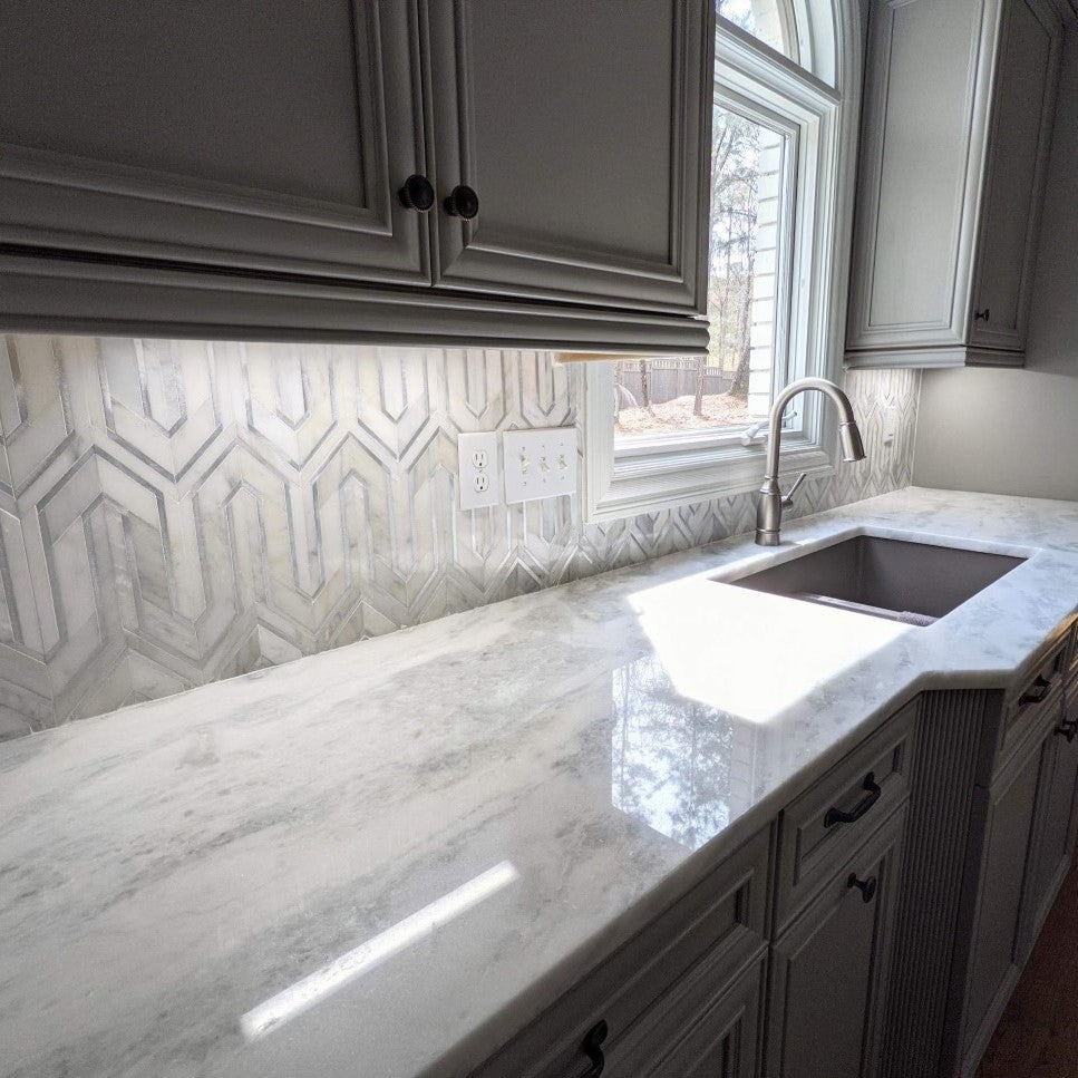 Elon Tile Pearl White Mosaic tile in a room setting — available at Surface Group