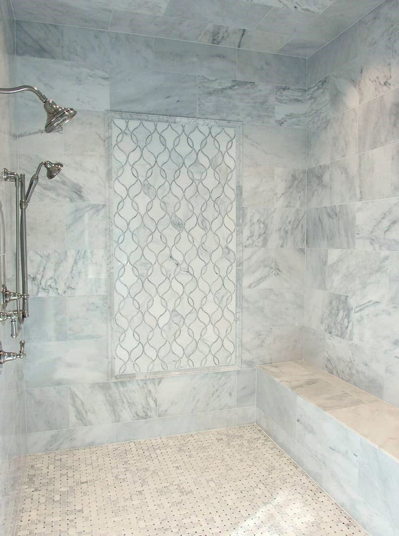 Elon Tile Pearl White Waterjet tile in a room setting — available at Surface Group