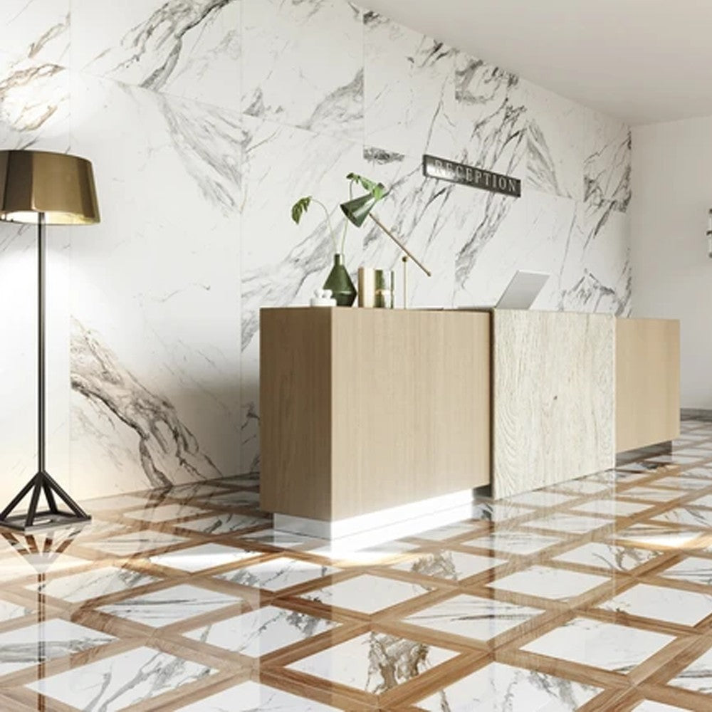 Elon Tile Square Calacatta tile in a room setting — available at Surface Group