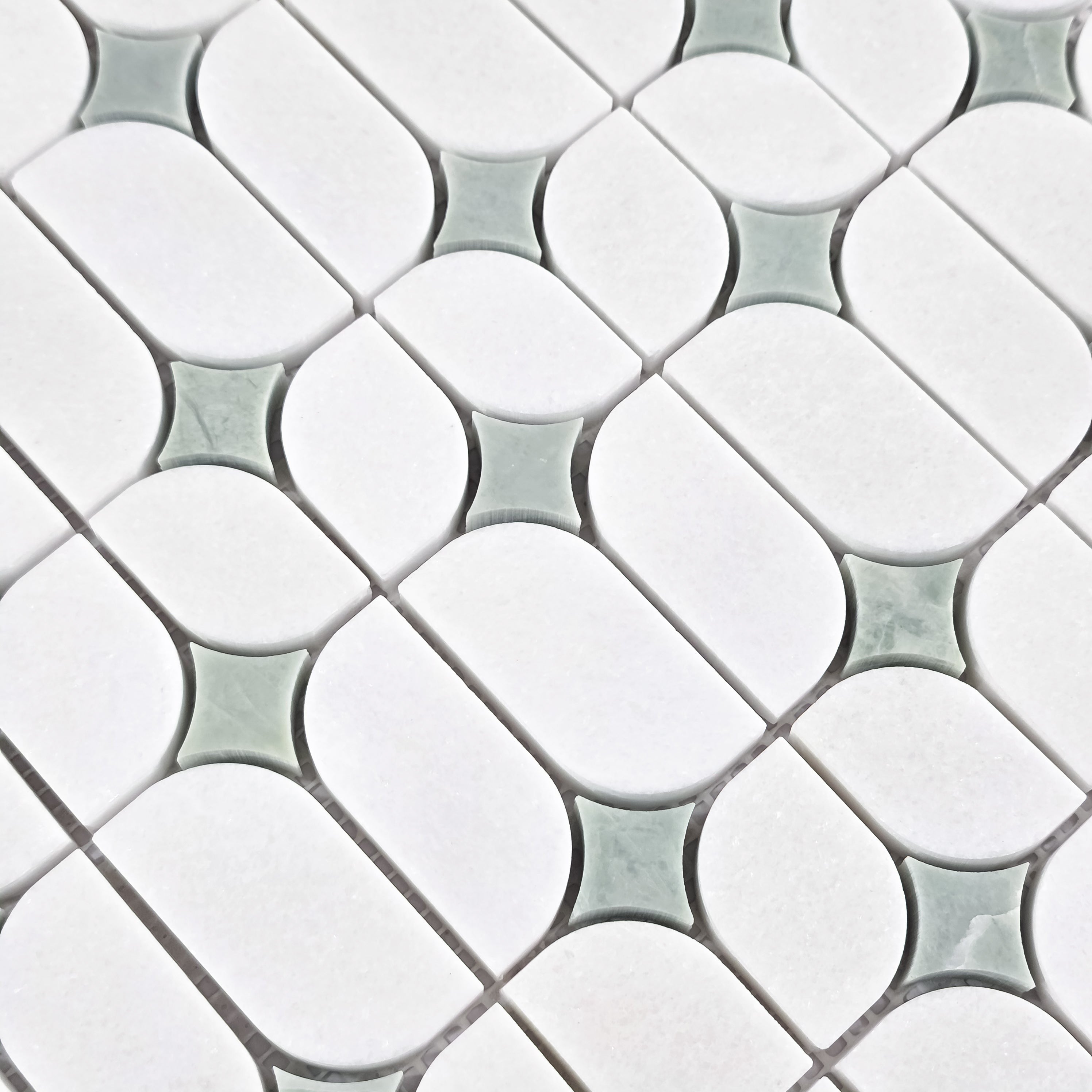 Elon Tile White Thassos Mosaic tile arrangement — available at Surface Group