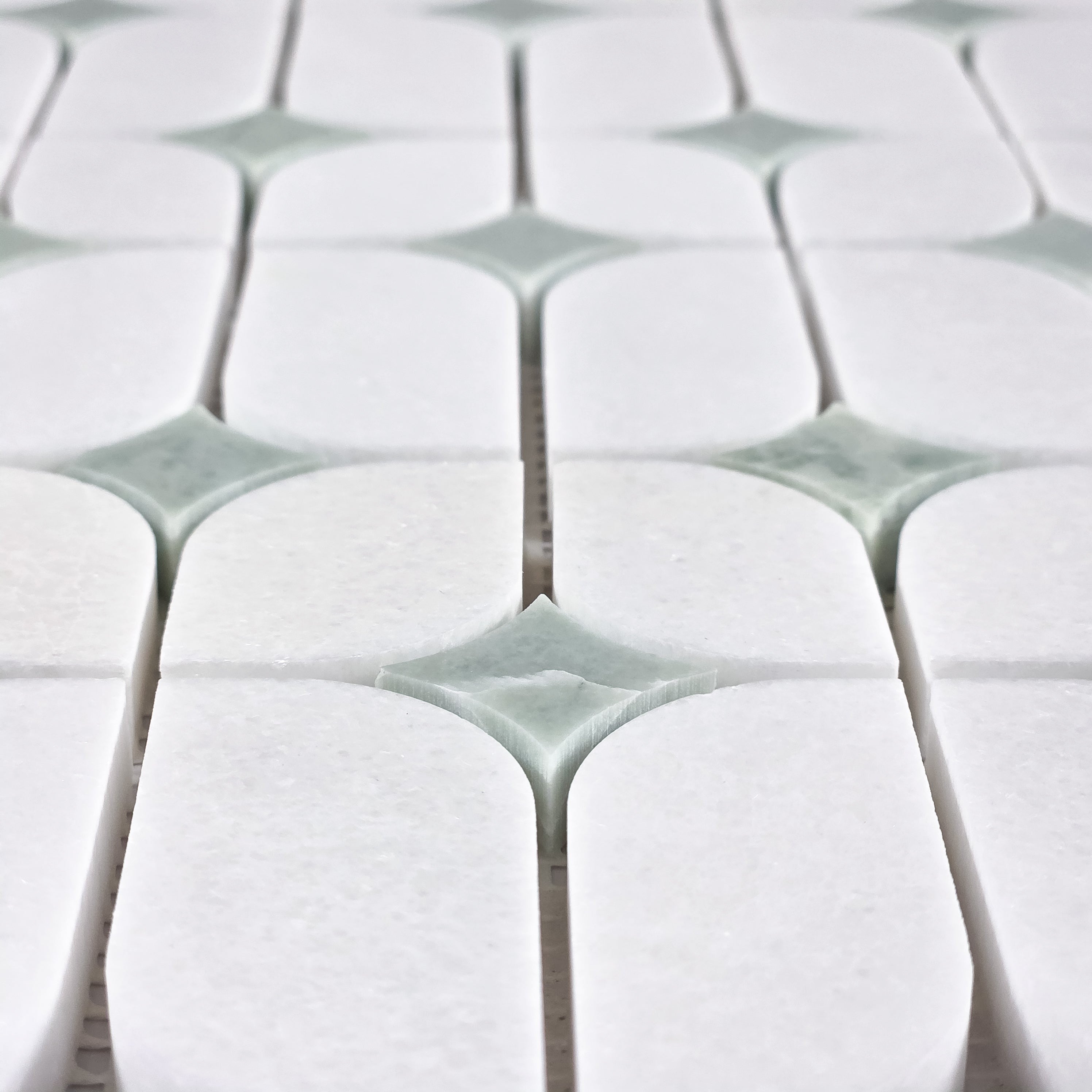 Elon Tile White Thassos Mosaic tile arrangement — available at Surface Group