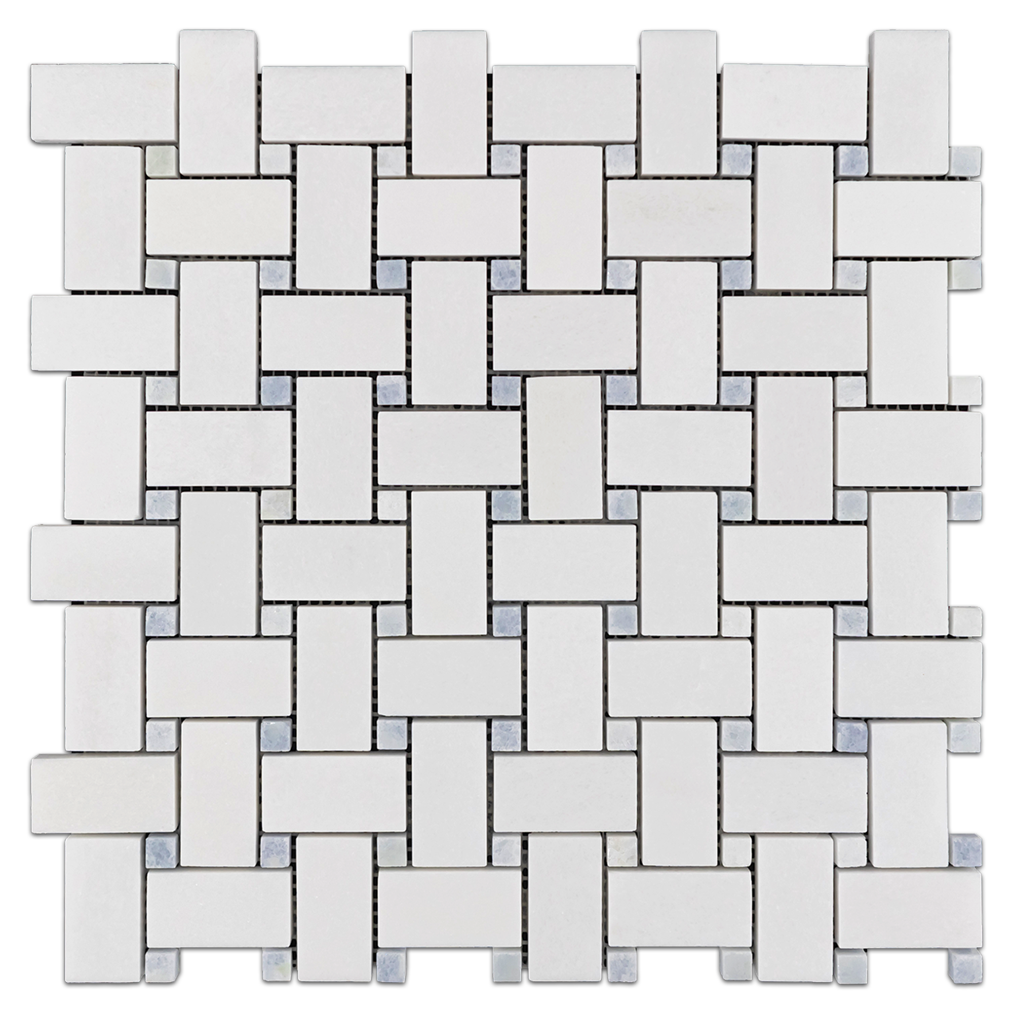 Elon White Thassos Blue Celeste Marble Stone Blend Basketweave Field Mosaic 12x12x0.375 Polished AM9045P Surface Group International Product