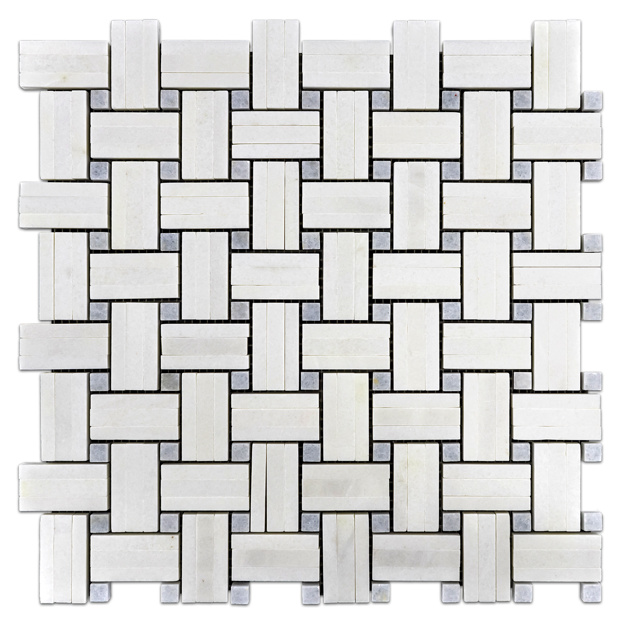 Elon White Thassos Blue Celeste Marble Tri Weave Basketweave Field Mosaic 12x12x0.375 Polished - Surface Group International