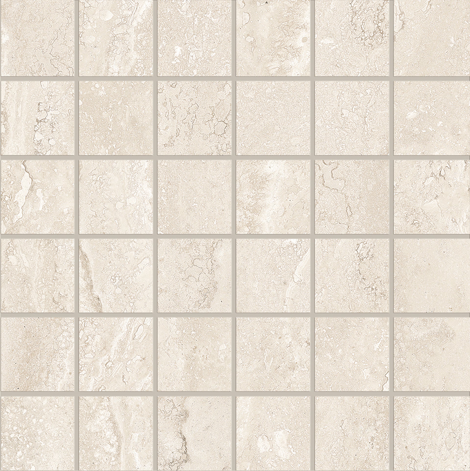 Dual Travertine White porcelain mosaic tile by Emil, silktech finish, 11 13/16"x11 13/16"x9-mm size. Premium Italian porcelain for floors and walls.