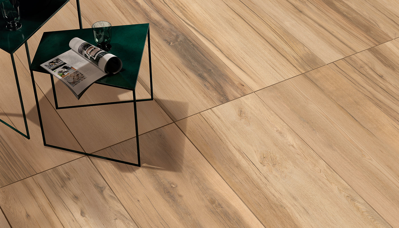 Provoak Quercia Recuperata porcelain field tile by Emil, antislip finish, 7 7/8"x47 1/4"x9.5-mm size. Premium Italian porcelain for floors and walls.