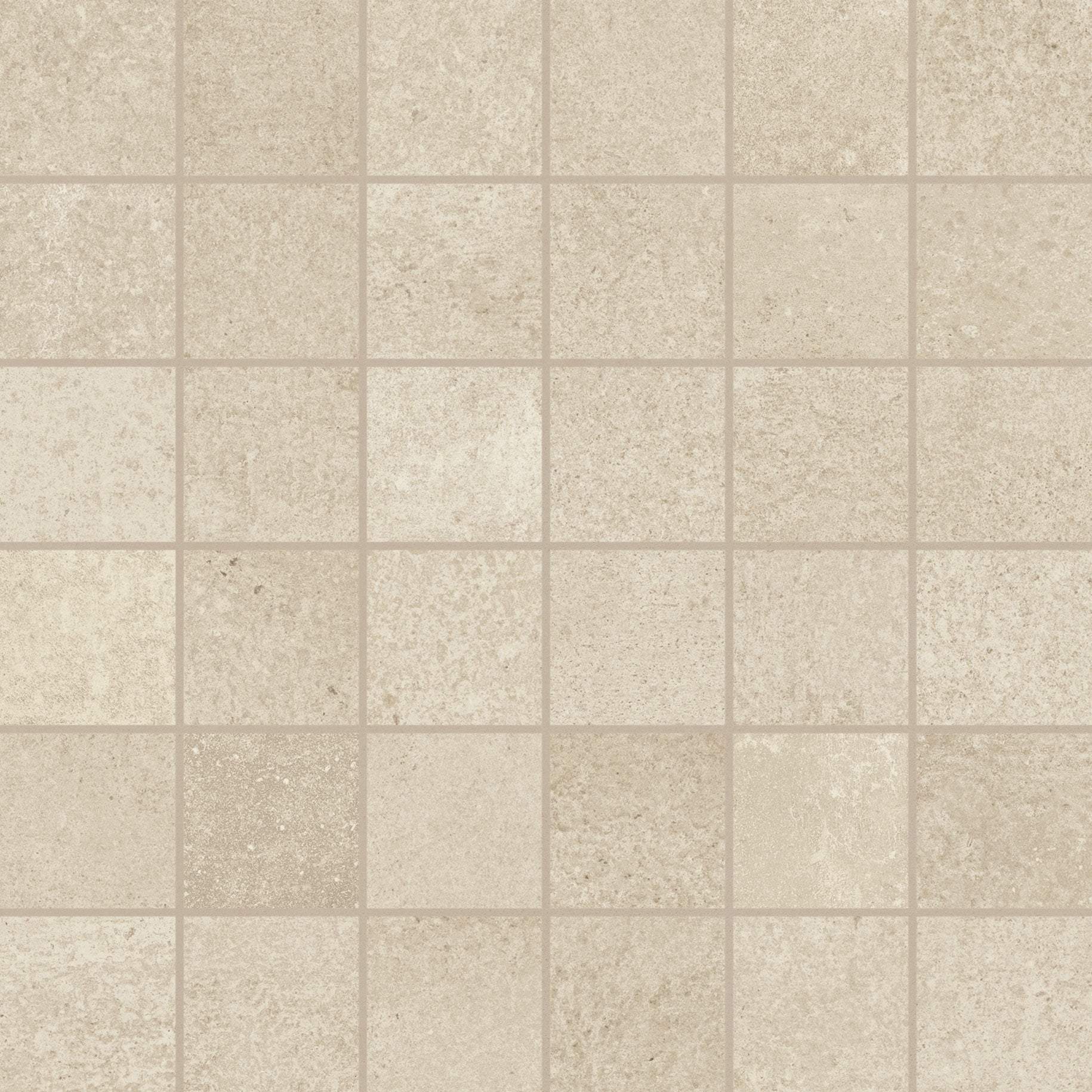 MADE.IN Heritage Beige porcelain mosaic, top-down product view, 12"×12"×11/32" size. Premium porcelain for floors and walls.