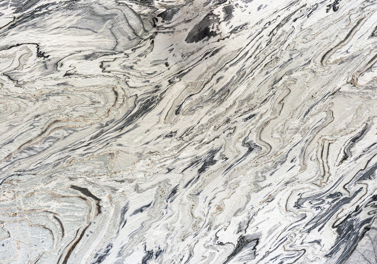 Quartzite Slabs Silver Stream Moonface quartzite slabs, top-down product view. Premium quartzite for floors and walls.