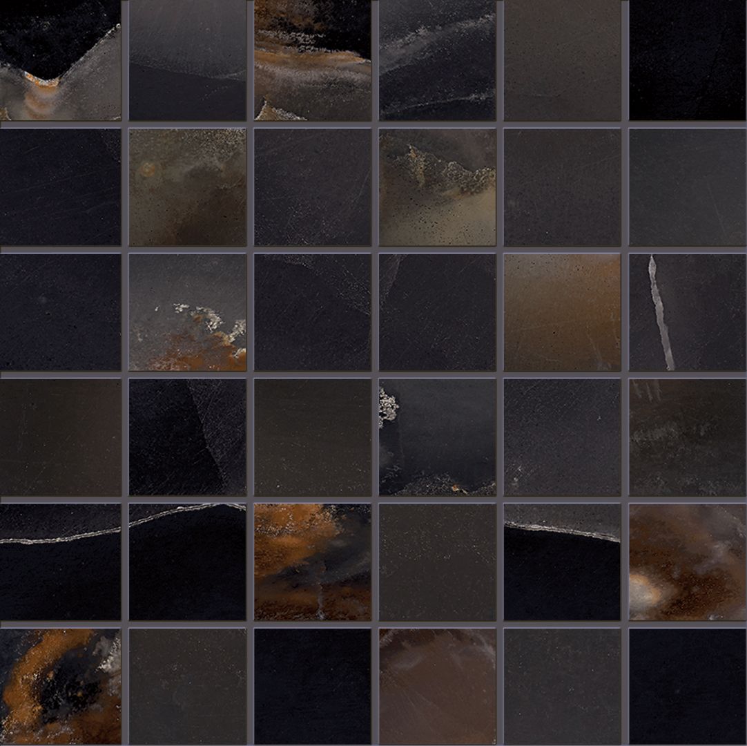 Tele di Marmo Onyx Onyx Black porcelain mosaic tile by Emil, full lappato finish, 11 13/16"x11 13/16"x9.5-mm size. Premium Italian porcelain for floors and walls.
