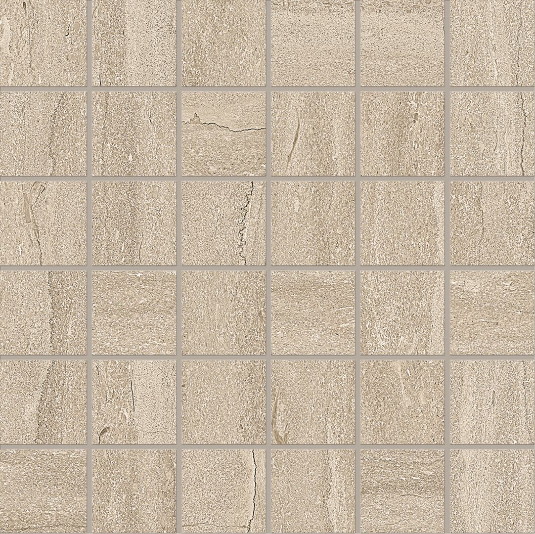 Portland Stone Sand porcelain mosaic tile by Emil, naturale finish, 11 13/16"x11 13/16"x9-mm size. Premium Italian porcelain for floors and walls.