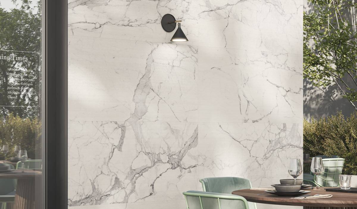 CHARME Calacatta Gold porcelain trim, lifestyle installation view 4, 3"×24"×11/32" size. Premium porcelain for floors and walls.