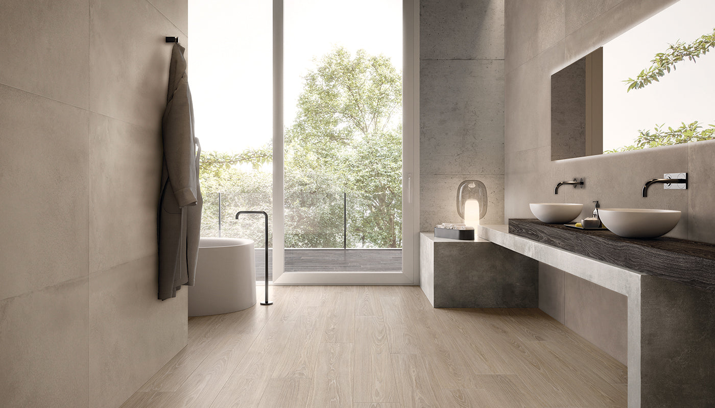 Woodtouch Corda porcelain field tile by Emil, tecnica finish, 7 7/8"x47 1/4"x9.5-mm size. Premium Italian porcelain for floors and walls.