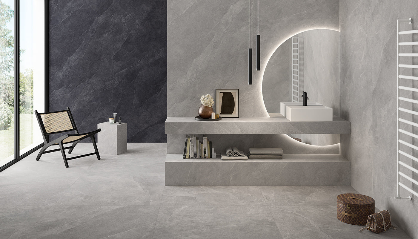 Cornerstone SLATE GREY porcelain mosaic tile by Emil, naturale finish, 12"x24" size. Premium Italian porcelain for floors and walls.