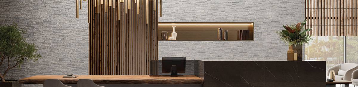 VENEER WORLD PRO LEDGESTONE ALPINE Alaska porcelain trim, lifestyle installation view 1, 5 3/4"×24"×11/32" size. Premium porcelain for floors and walls.