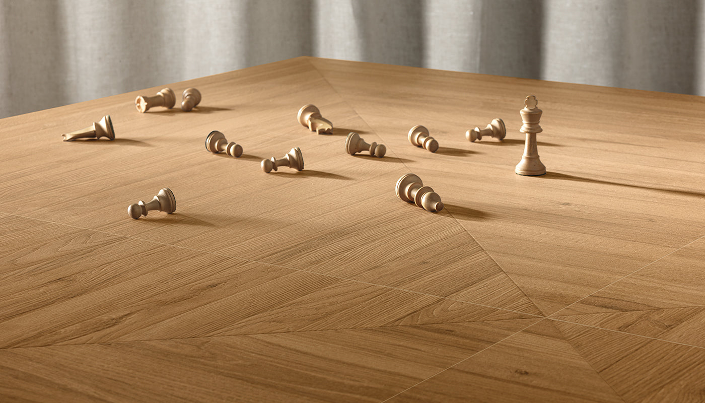 Playwood Intense Oak porcelain field tile by Emil, naturale finish, 39 3/8"x39 3/8"x9-mm size. Premium Italian porcelain for floors and walls.