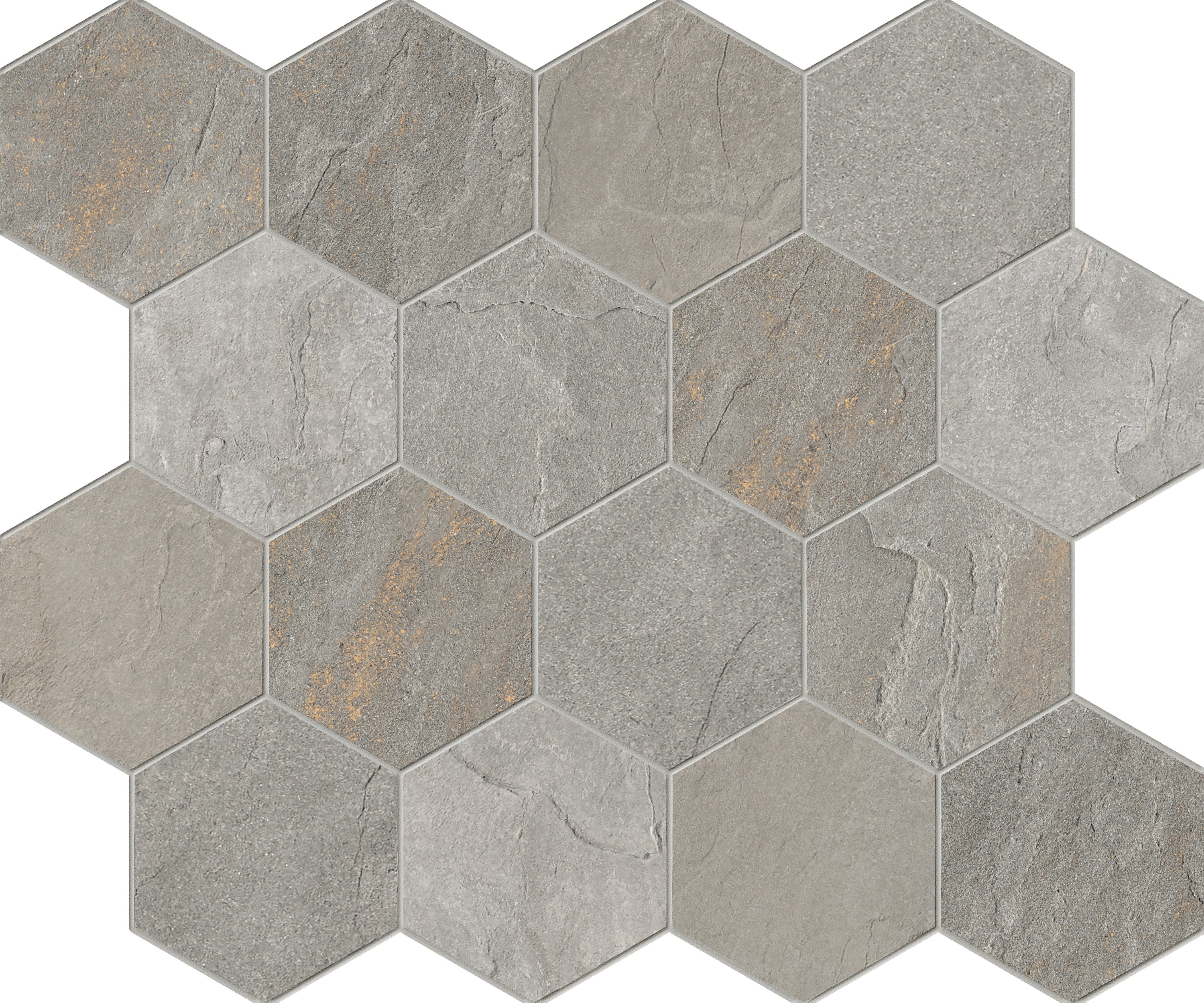 Bluestone Full Color porcelain mosaic, top-down product view, 12"×10"×11/32" size. Premium porcelain for floors and walls.