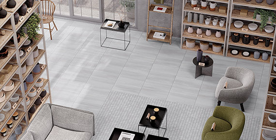 MIAMI Grey porcelain trim, lifestyle installation view 2, 3"×24"×5/16" size. Premium porcelain for floors and walls.