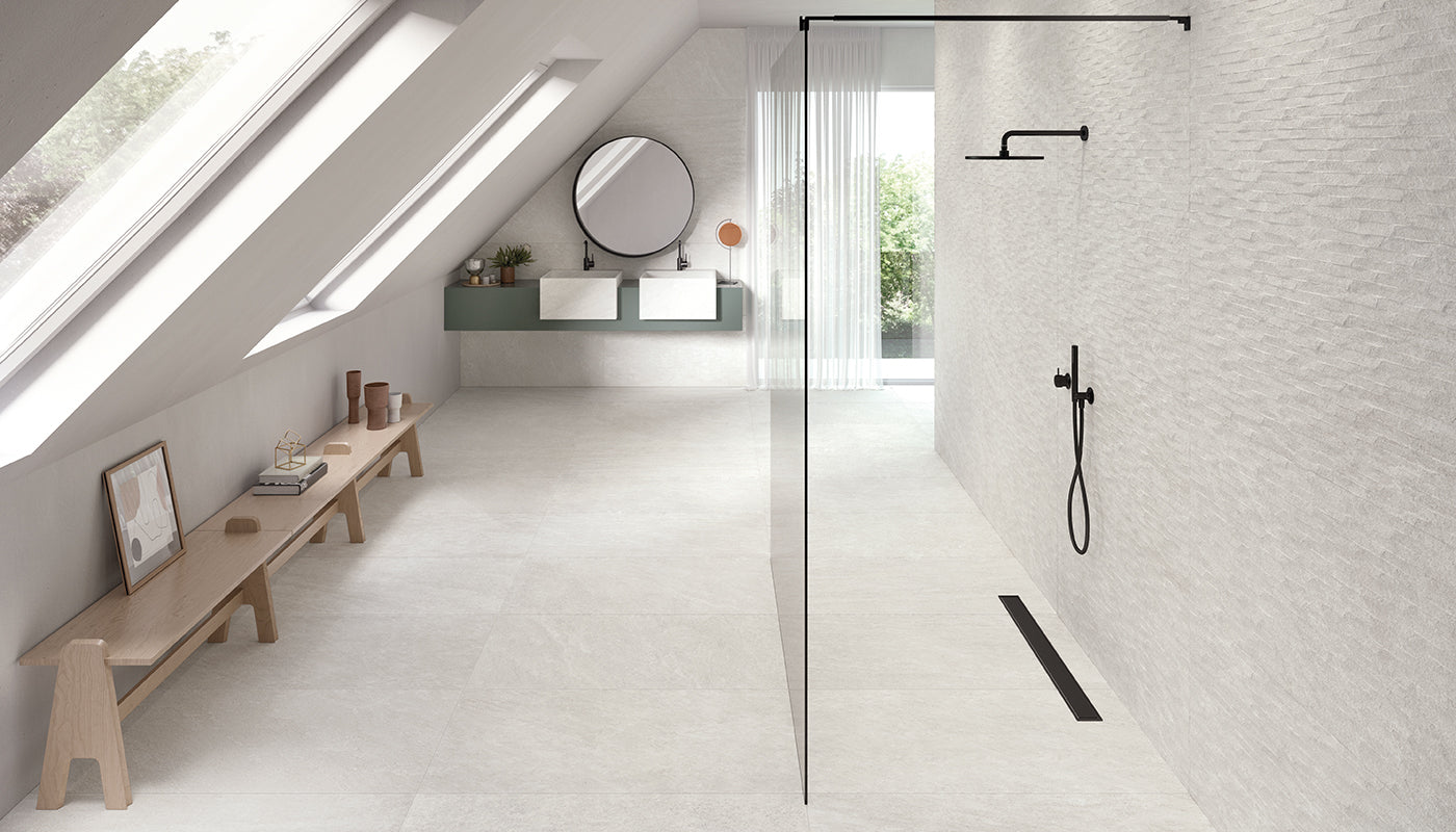 Oros Stone WHITE porcelain mosaic tile by Emil, naturale finish, 12"x24" size. Premium Italian porcelain for floors and walls.