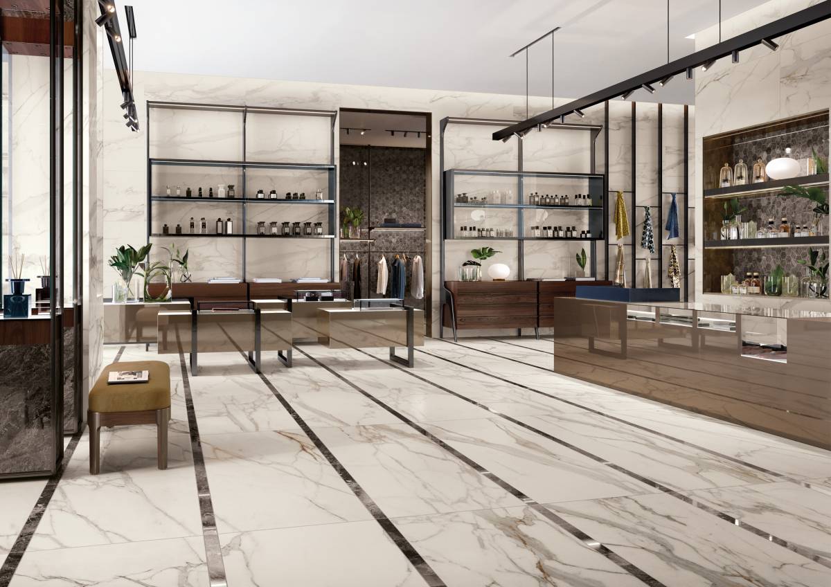 CHARME Calacatta Gold porcelain trim, lifestyle installation view 3, 3"×24"×11/32" size. Premium porcelain for floors and walls.