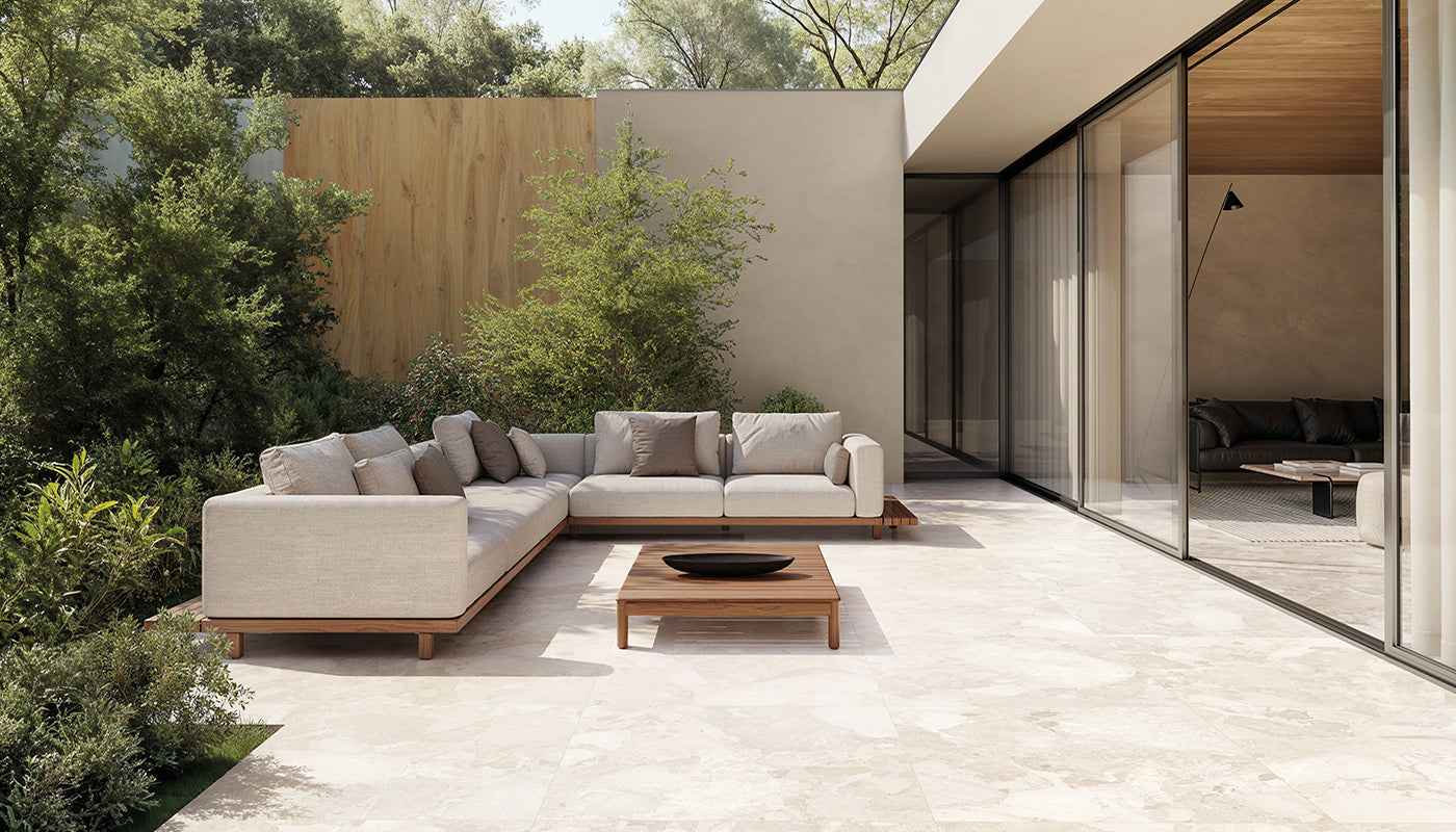 Matera Stone White porcelain field tile by Emil, silktech plus finish, 23 5/8"x47 1/4"x9-mm size. Premium Italian porcelain for floors and walls.