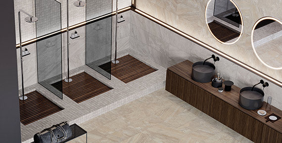 BARCELONA White porcelain trim, lifestyle installation view 1, 3"×24"×5/16" size. Premium porcelain for floors and walls.