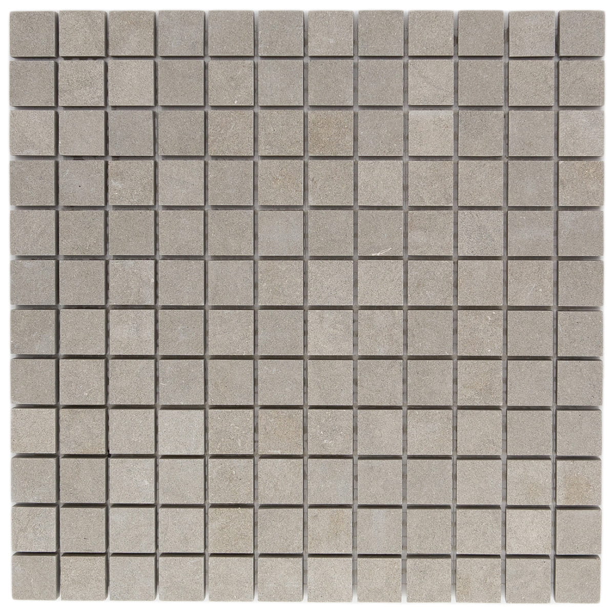 Bateig Blue limestone interlocking mosaic with straight-stack pattern, 1x1 size, honed finish, and straight edges.